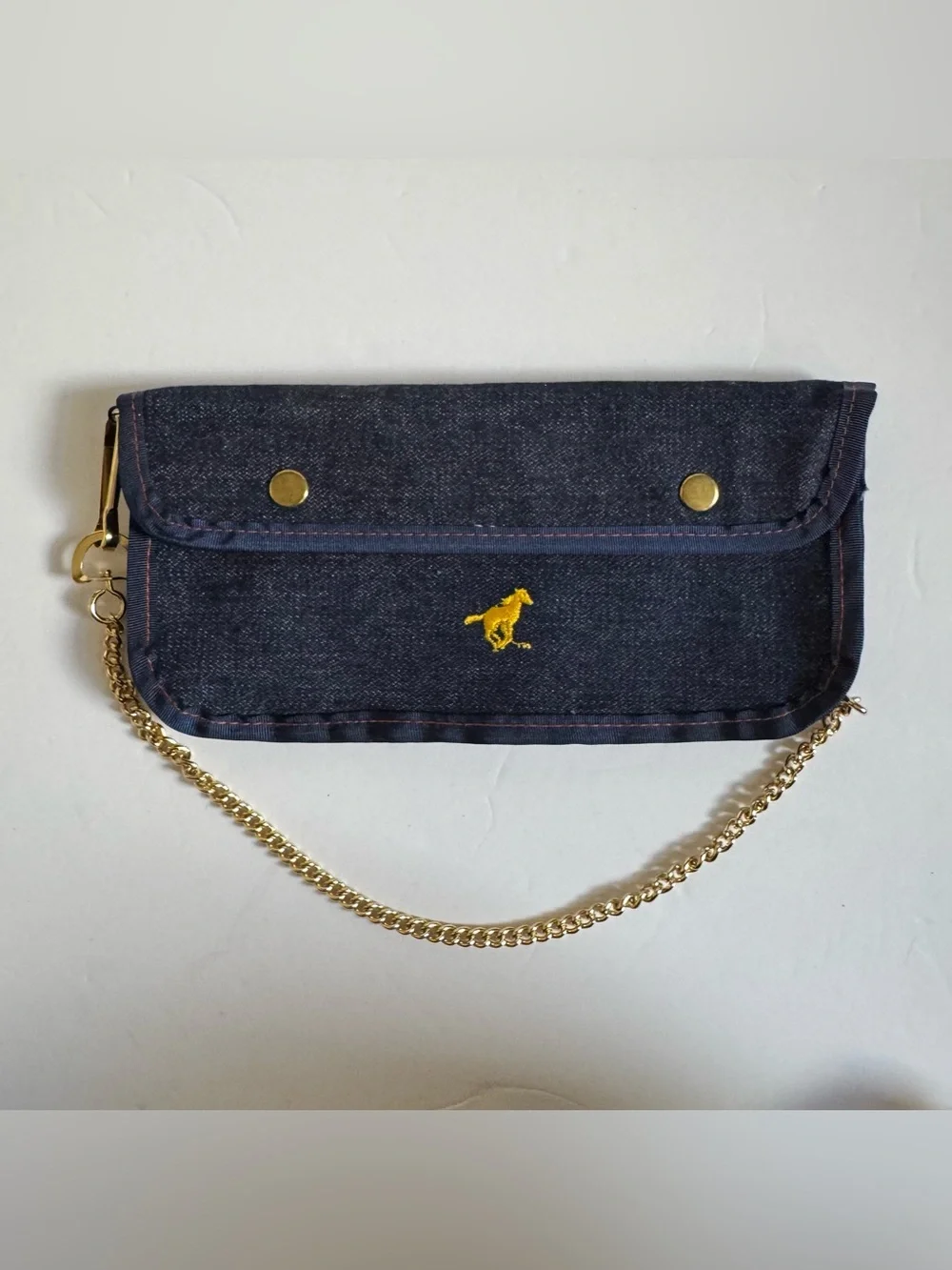 Vintage Ford Mustang Denim Chain Biker Denim Wallet Blue Embroidered Snap Bifold